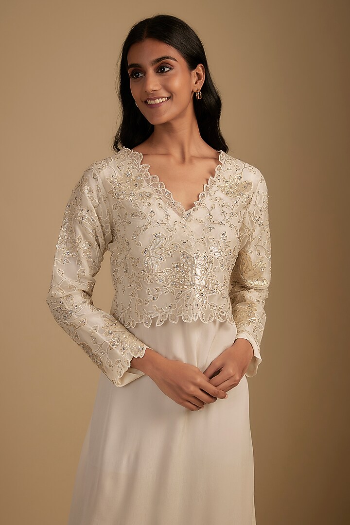 White Crepe Cutwork Embroidered Maxi Cocktail Dress With Crop Top by Nadima Saqib at Pernia's Pop Up Shop