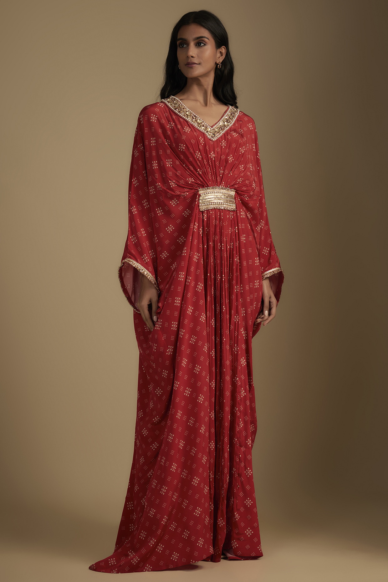 Red Crepe Printed & Pearl Embroidered Kaftan by Nadima Saqib at Pernia's Pop Up Shop