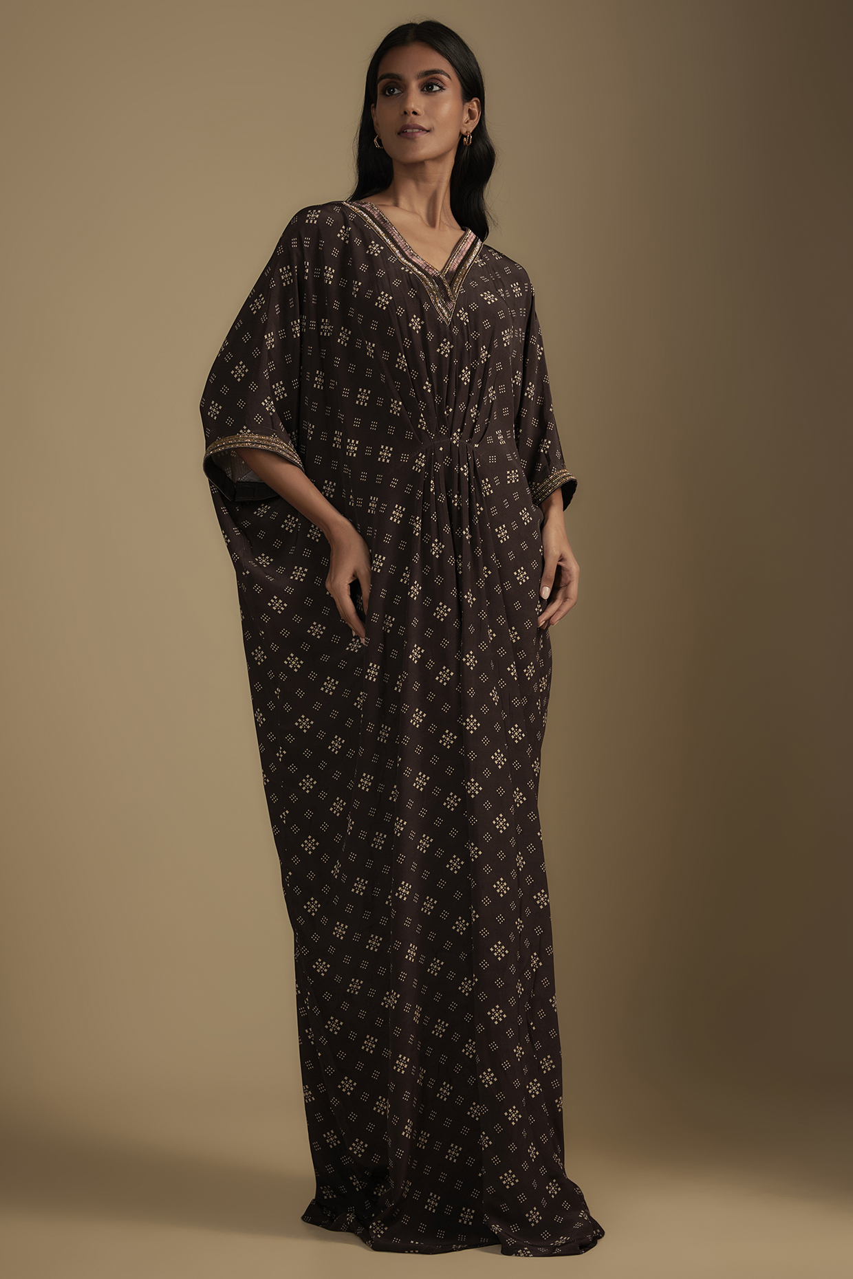 Brown Crepe Printed & Sequins Embroidered Kaftan by Nadima Saqib at Pernia's Pop Up Shop
