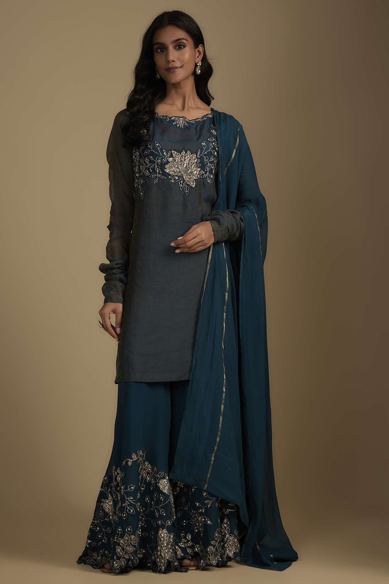 Cobalt Blue Georgette Cutwork Embroidered Wedding Sharara Set by Nadima Saqib at Pernia's Pop Up Shop
