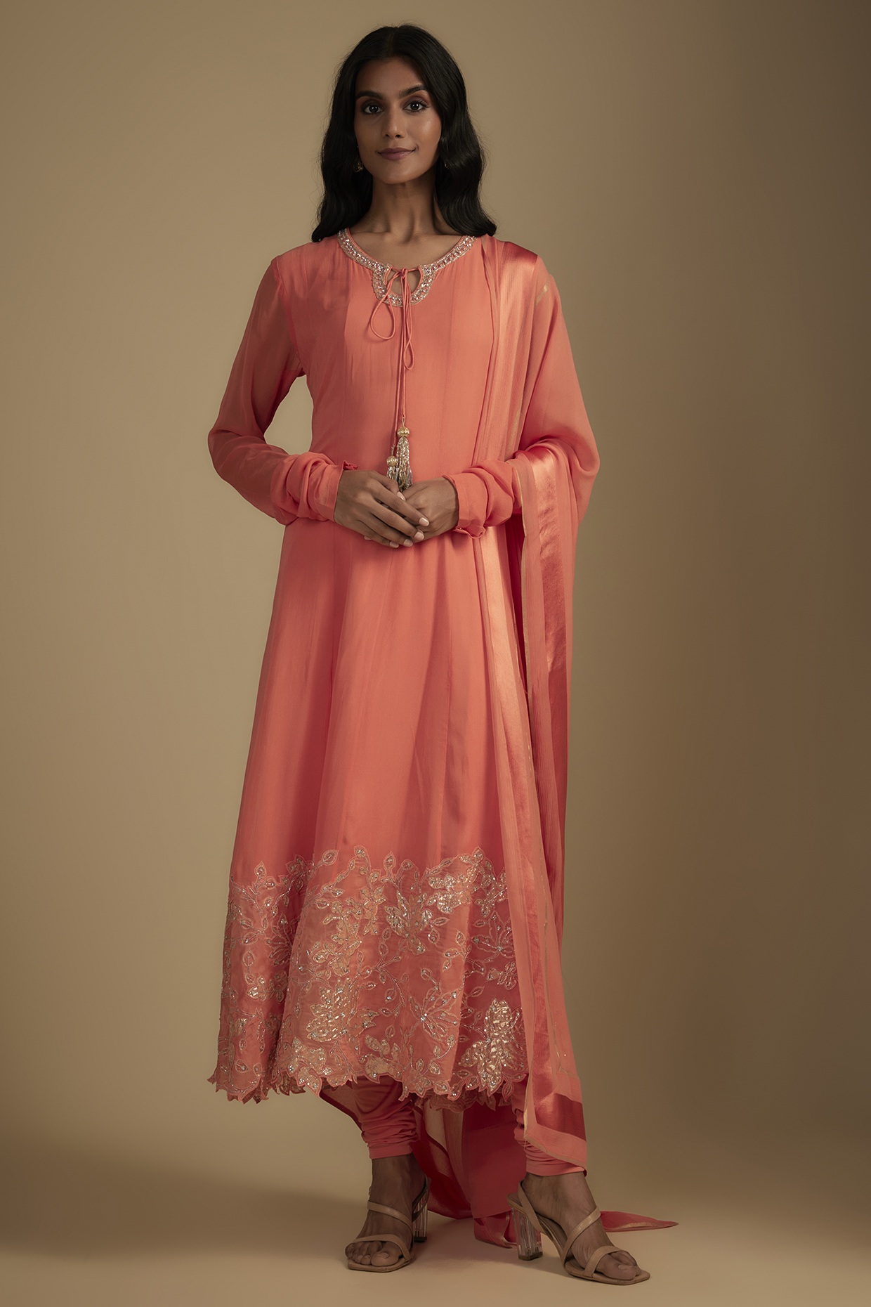 Peach Georgette Cutwork Embroidered Wedding Anarkali Set by Nadima Saqib at Pernia's Pop Up Shop