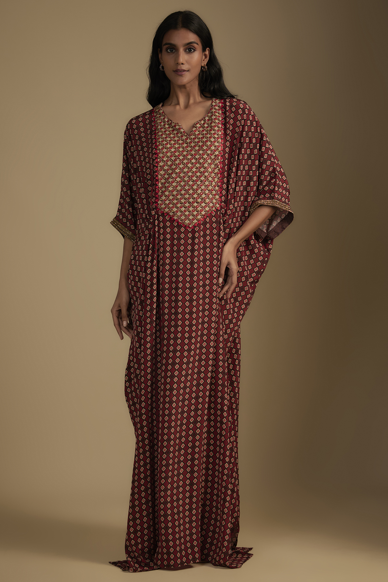 Brown Crepe Printed & Sequins Embroidered Kaftan by Nadima Saqib at Pernia's Pop Up Shop