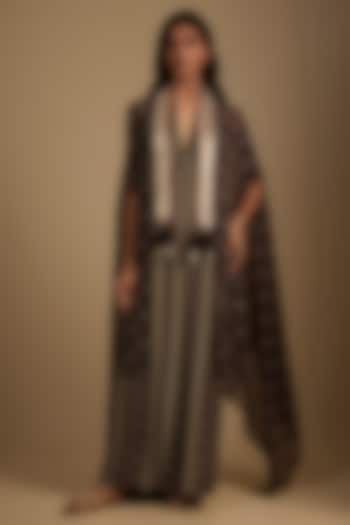 Brown Crepe Printed & Embroidered Jumpsuit With Cape by Nadima Saqib at Pernia's Pop Up Shop