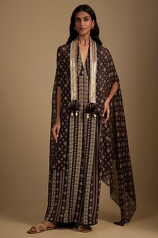 Brown Crepe Printed & Embroidered Jumpsuit With Cape by Nadima Saqib