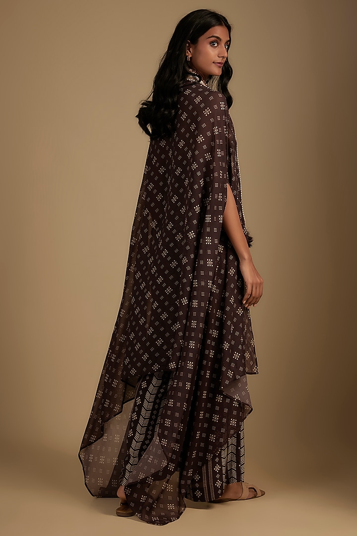 Brown Crepe Printed & Embroidered Jumpsuit With Cape by Nadima Saqib at Pernia's Pop Up Shop