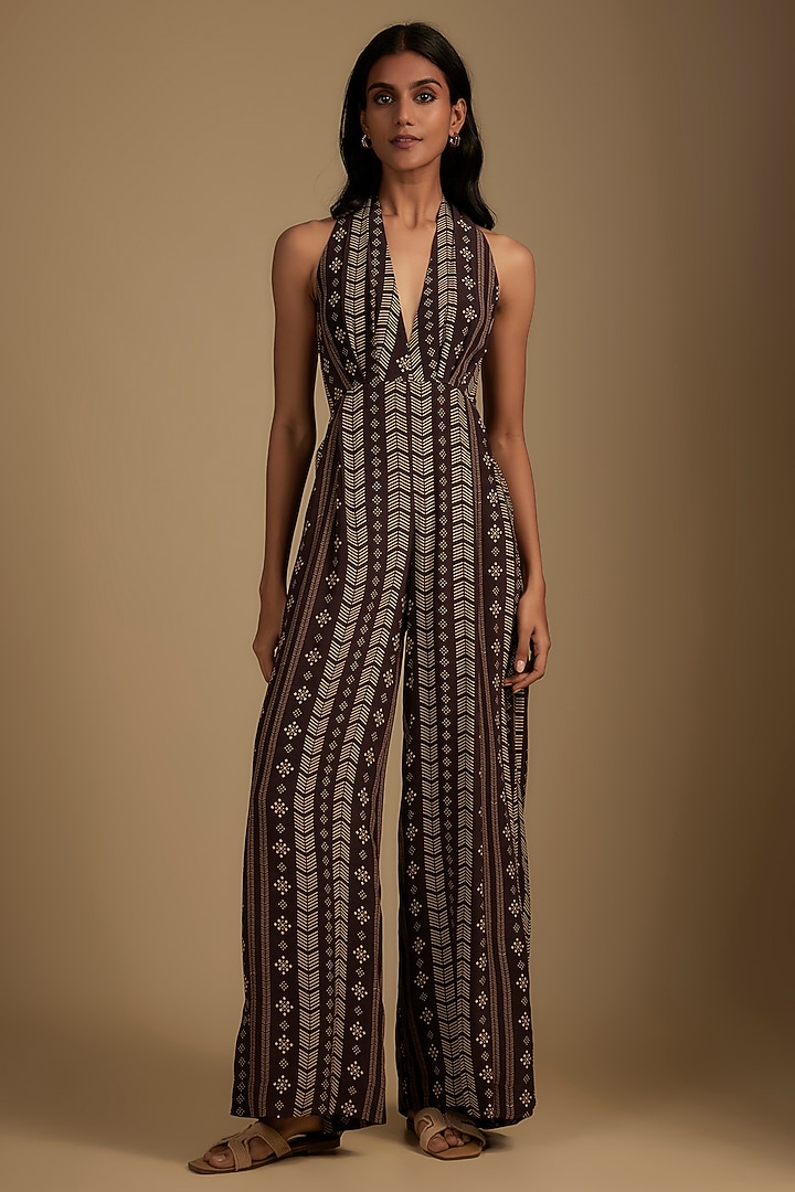 Brown Crepe Printed & Embroidered Jumpsuit With Cape by Nadima Saqib at Pernia's Pop Up Shop