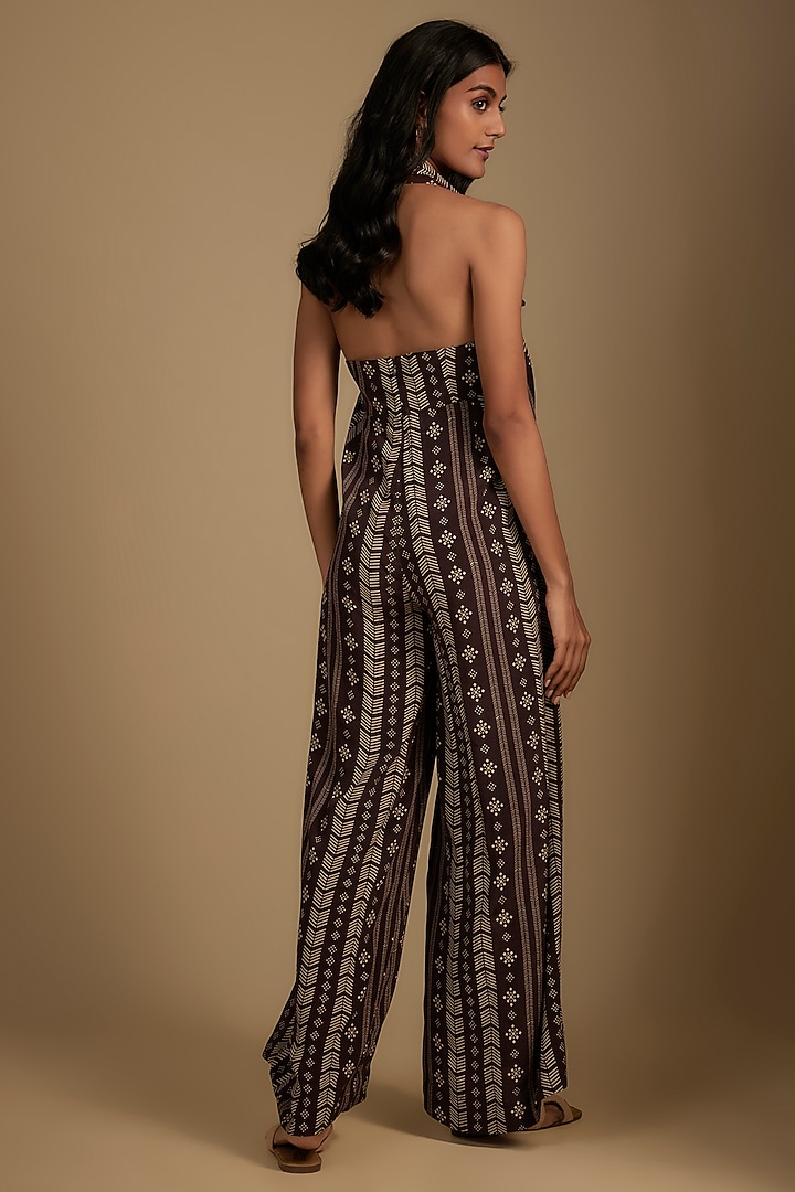 Brown Crepe Printed & Embroidered Jumpsuit With Cape by Nadima Saqib at Pernia's Pop Up Shop