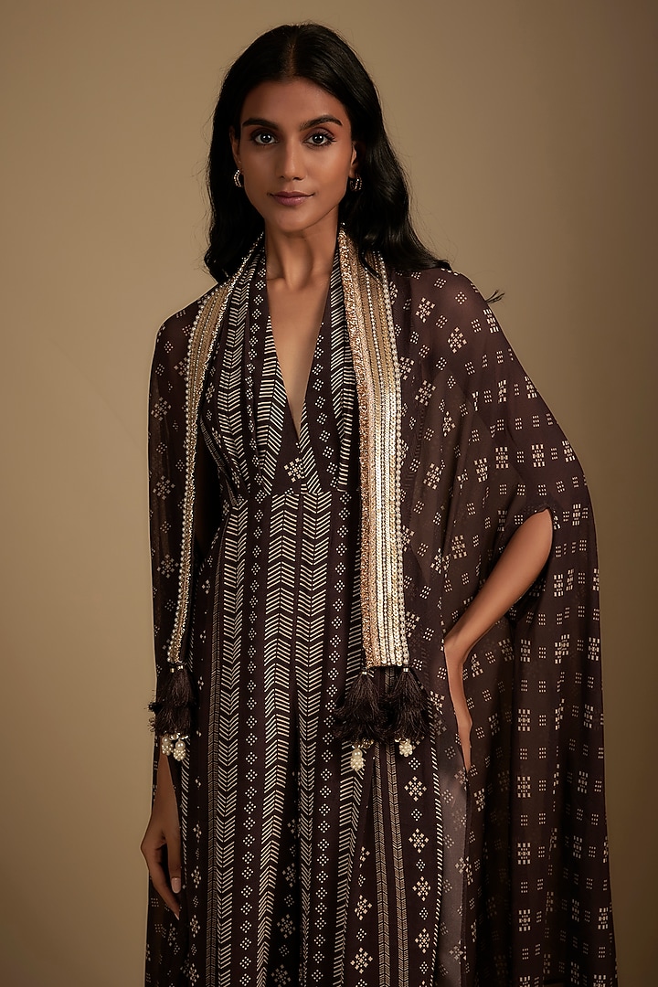 Brown Crepe Printed & Embroidered Jumpsuit With Cape by Nadima Saqib at Pernia's Pop Up Shop
