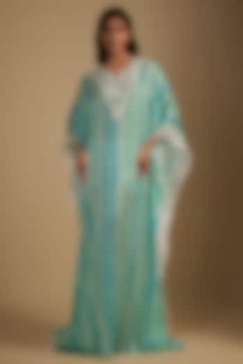 Cyan Blue Cotton Crush Printed Kaftan by Nadima Saqib at Pernia's Pop Up Shop