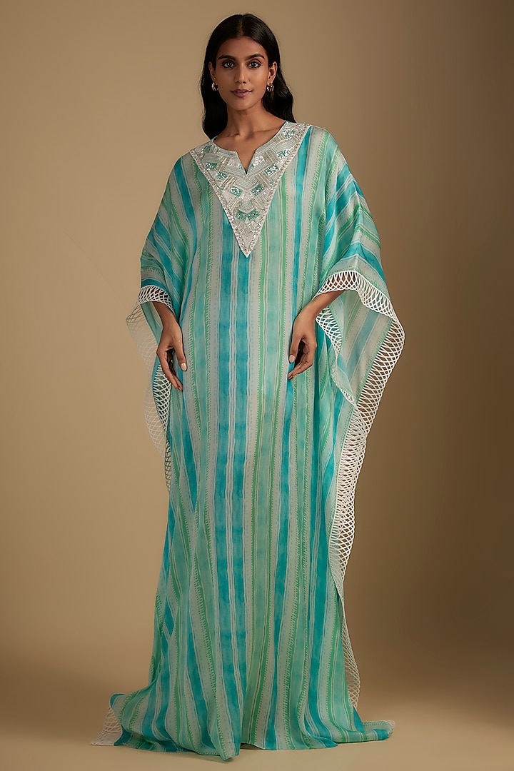 Cyan Blue Cotton Crush Printed Kaftan by Nadima Saqib at Pernia's Pop Up Shop