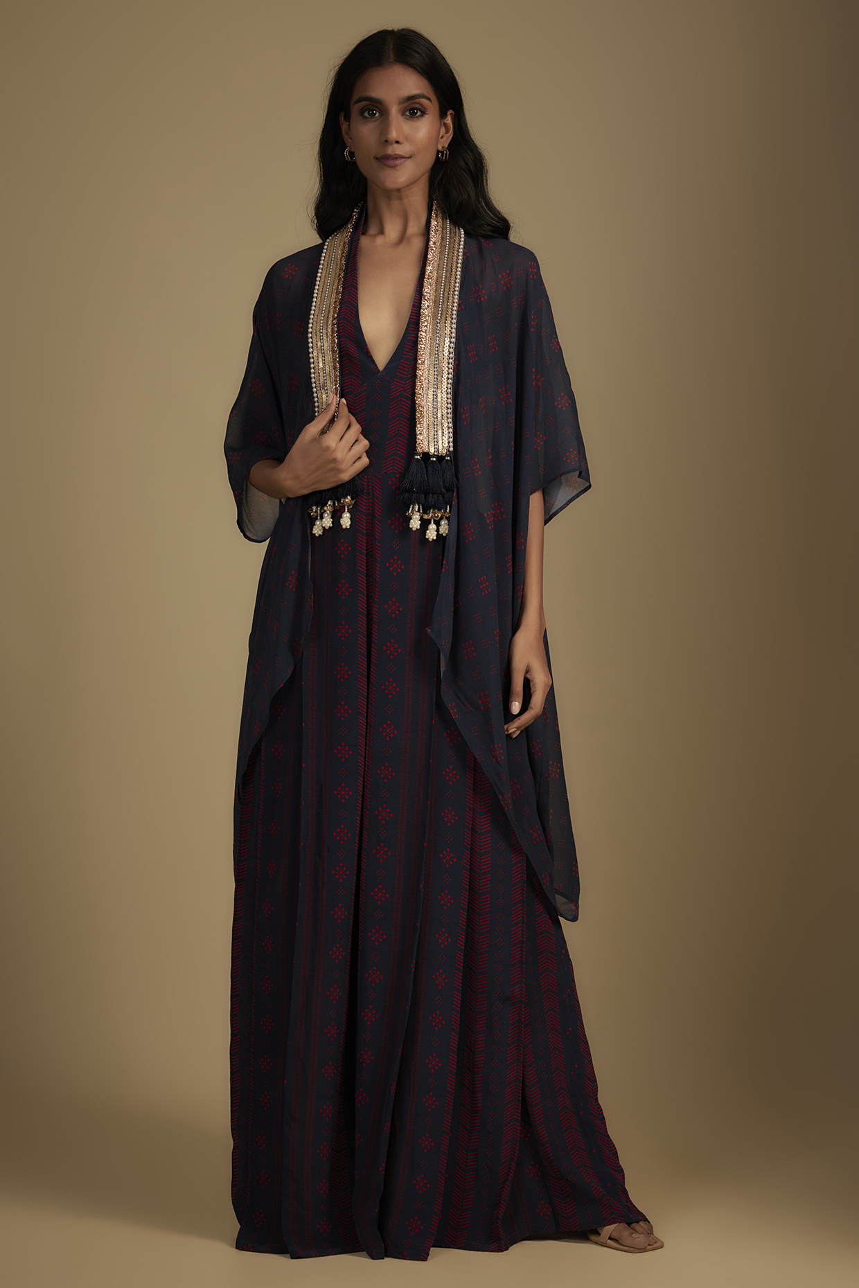 Navy Blue Crepe Printed & Embroidered Jumpsuit With Cape by Nadima Saqib at Pernia's Pop Up Shop