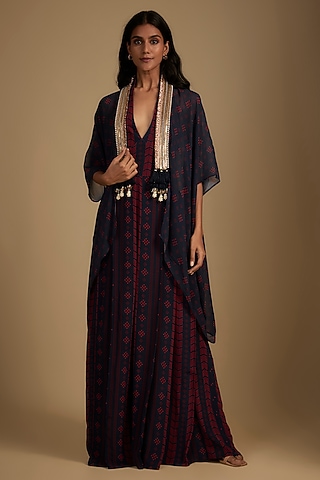 Navy Blue Crepe Printed & Embroidered Jumpsuit With Cape by Nadima Saqib