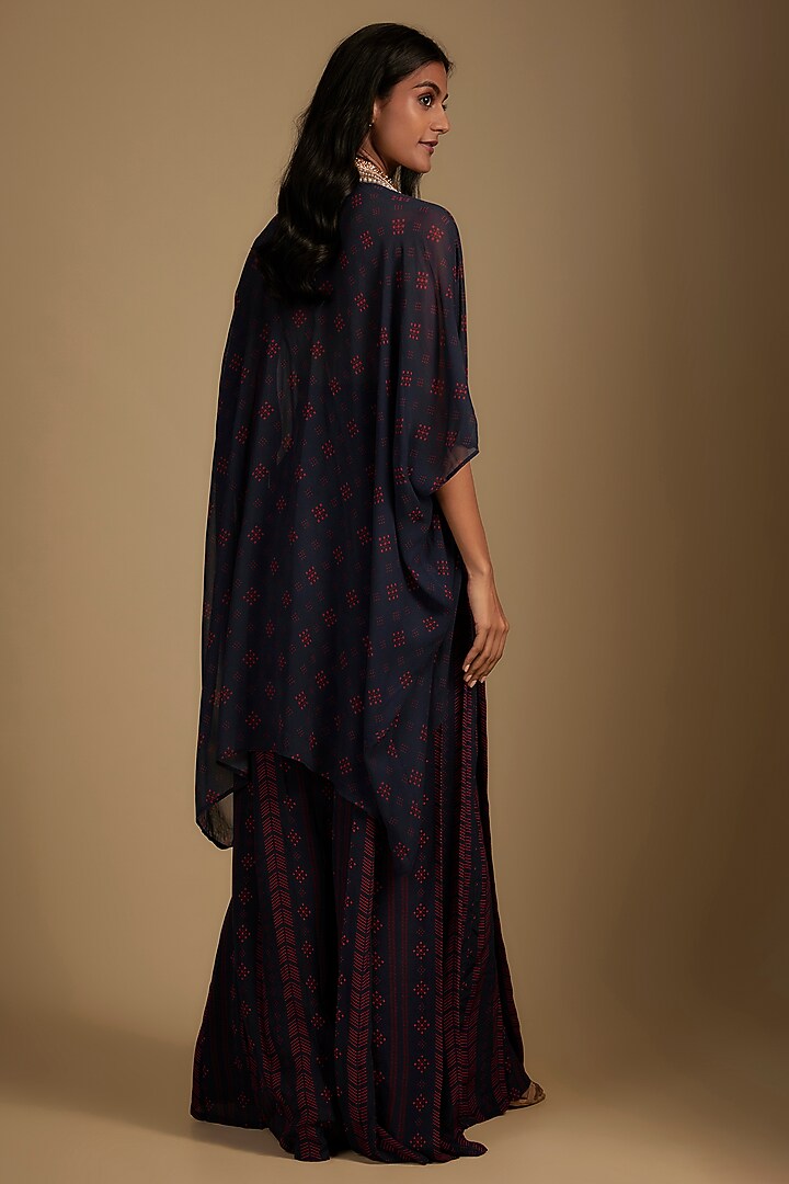 Navy Blue Crepe Printed & Embroidered Jumpsuit With Cape by Nadima Saqib at Pernia's Pop Up Shop