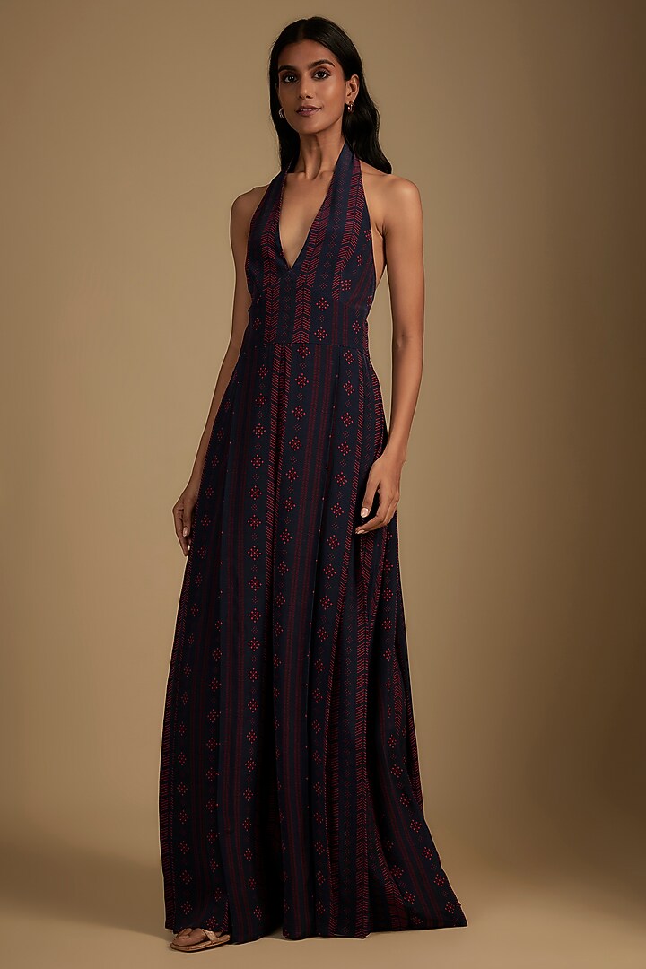 Navy Blue Crepe Printed & Embroidered Jumpsuit With Cape by Nadima Saqib at Pernia's Pop Up Shop