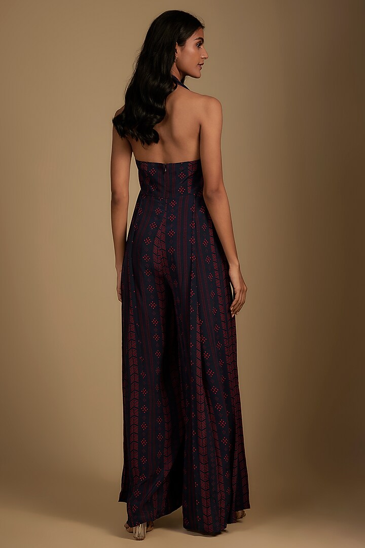 Navy Blue Crepe Printed & Embroidered Jumpsuit With Cape by Nadima Saqib at Pernia's Pop Up Shop
