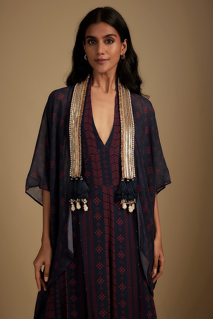 Navy Blue Crepe Printed & Embroidered Jumpsuit With Cape by Nadima Saqib at Pernia's Pop Up Shop