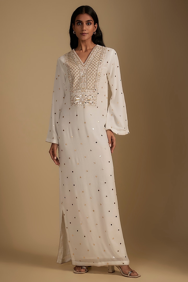 White Georgette Zardosi Embroidered Kaftan by Nadima Saqib at Pernia's Pop Up Shop