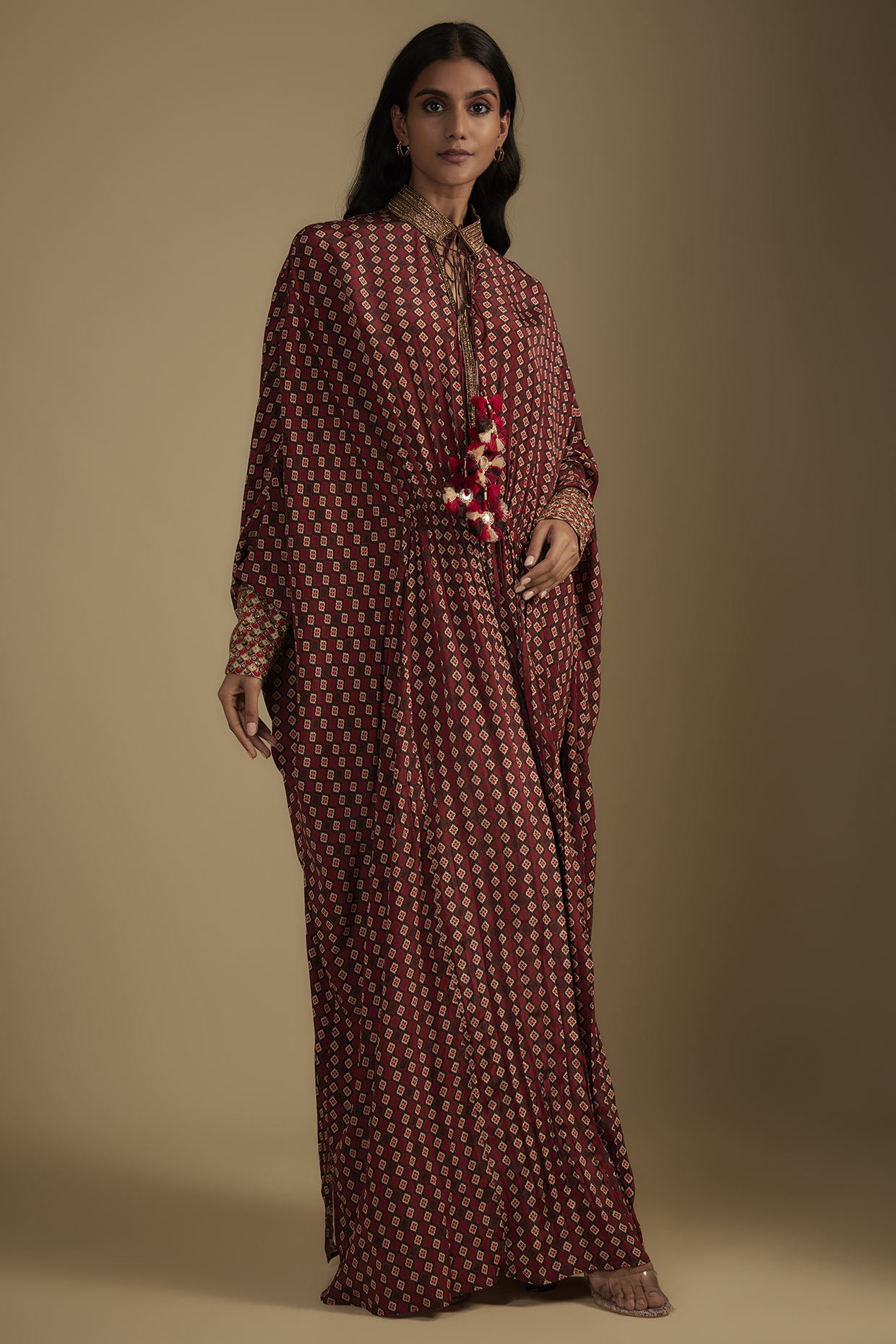 Brown Crepe Printed & Sequins Embroidered Kaftan by Nadima Saqib at Pernia's Pop Up Shop