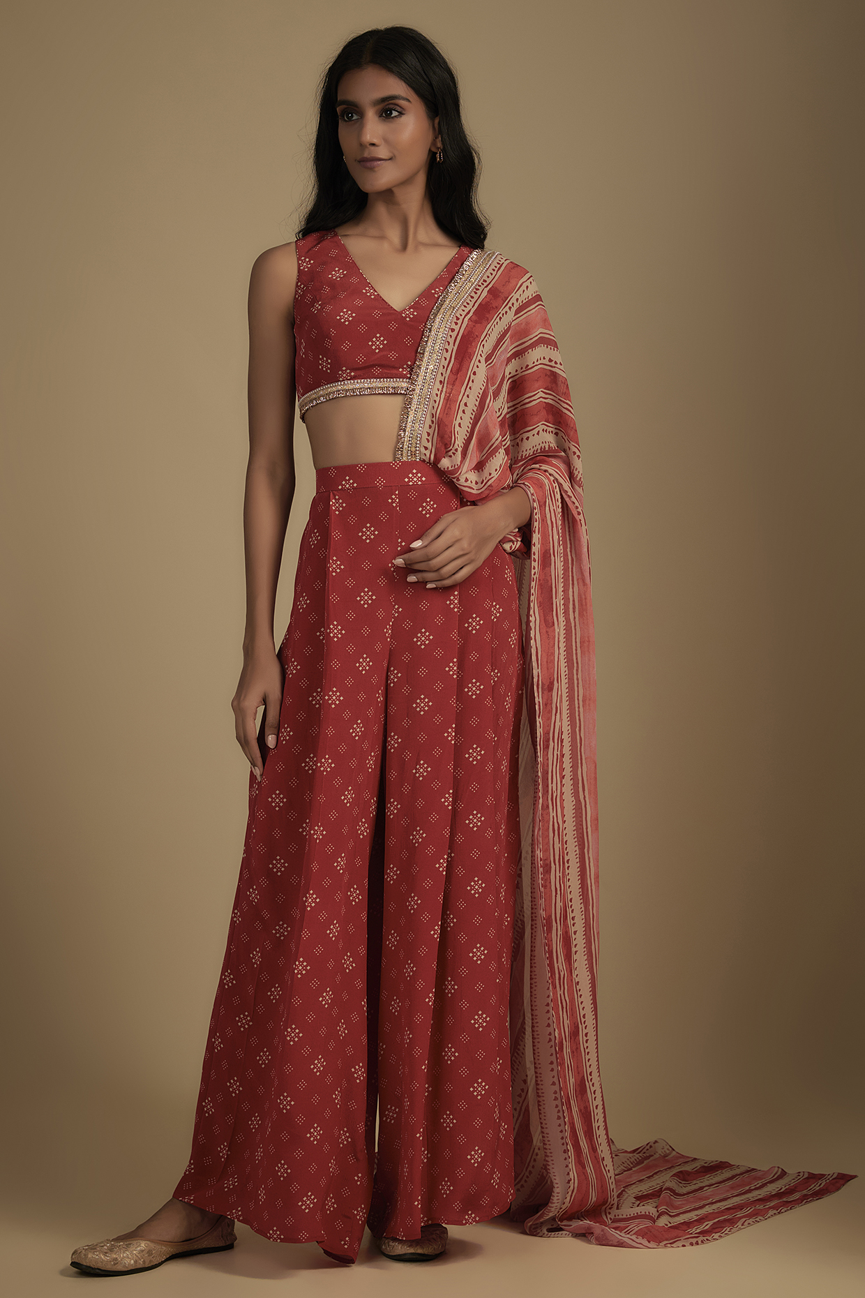 Red Crepe Printed Pre-Stitched Party Wear Saree Set by Nadima Saqib at Pernia's Pop Up Shop