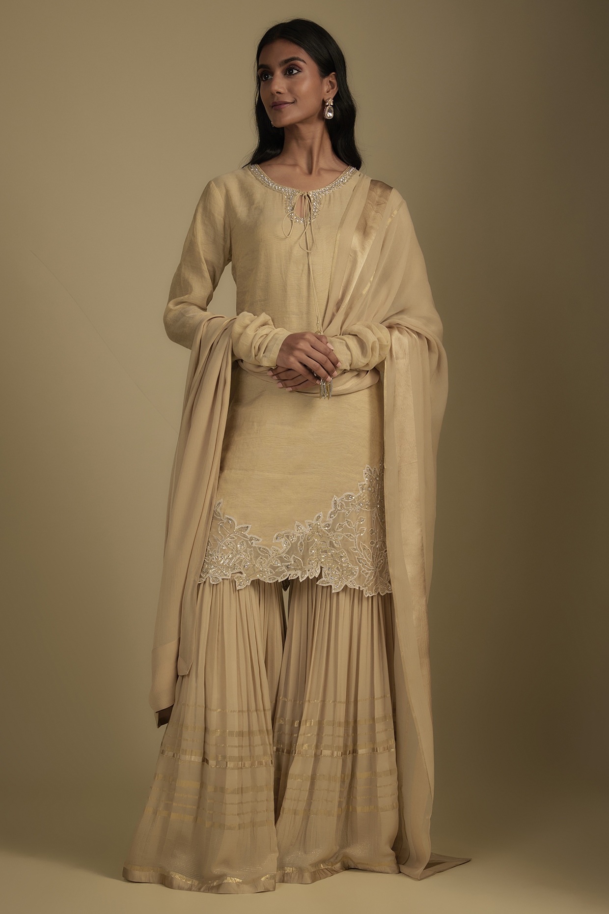 Beige Georgette Cutwork Embroidered Gharara Set by Nadima Saqib at Pernia's Pop Up Shop