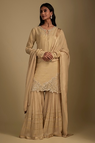 Beige Georgette Cutwork Embroidered Gharara Set by Nadima Saqib