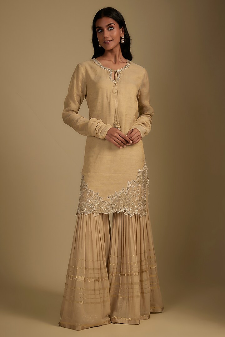 Beige Georgette Cutwork Embroidered Gharara Set by Nadima Saqib at Pernia's Pop Up Shop
