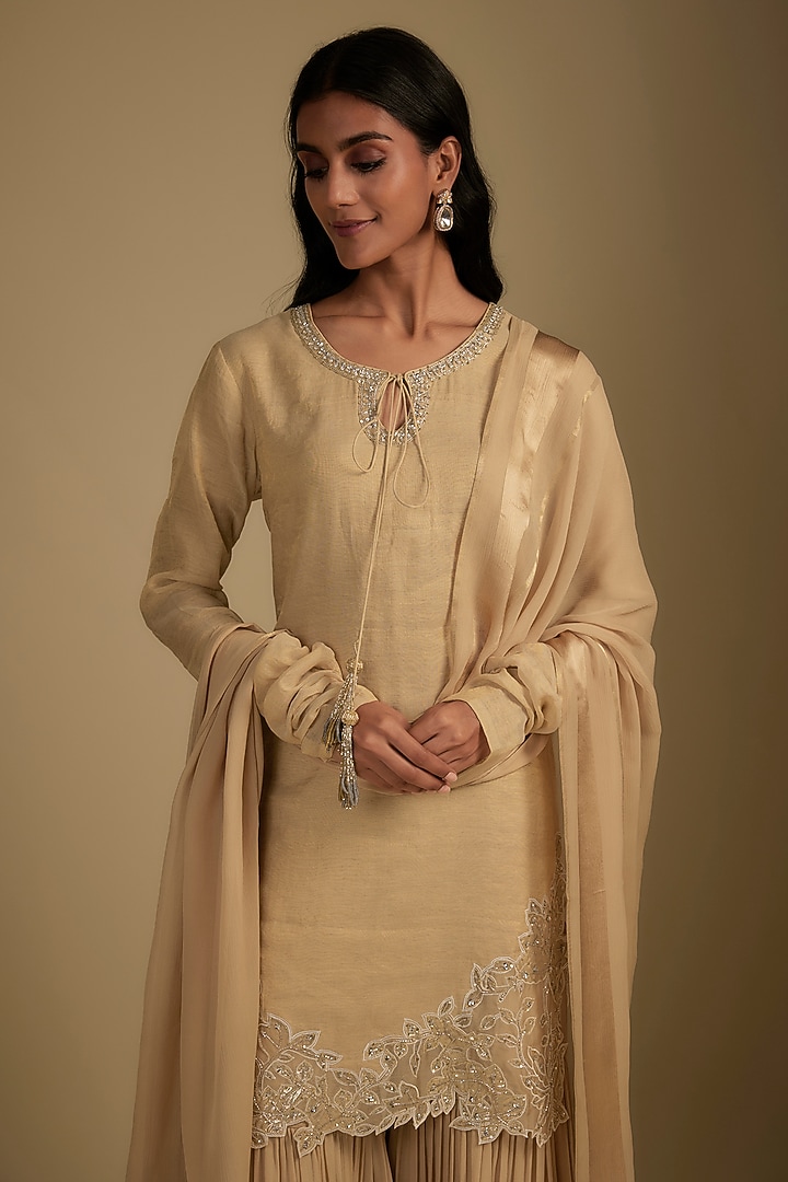 Beige Georgette Cutwork Embroidered Gharara Set by Nadima Saqib at Pernia's Pop Up Shop