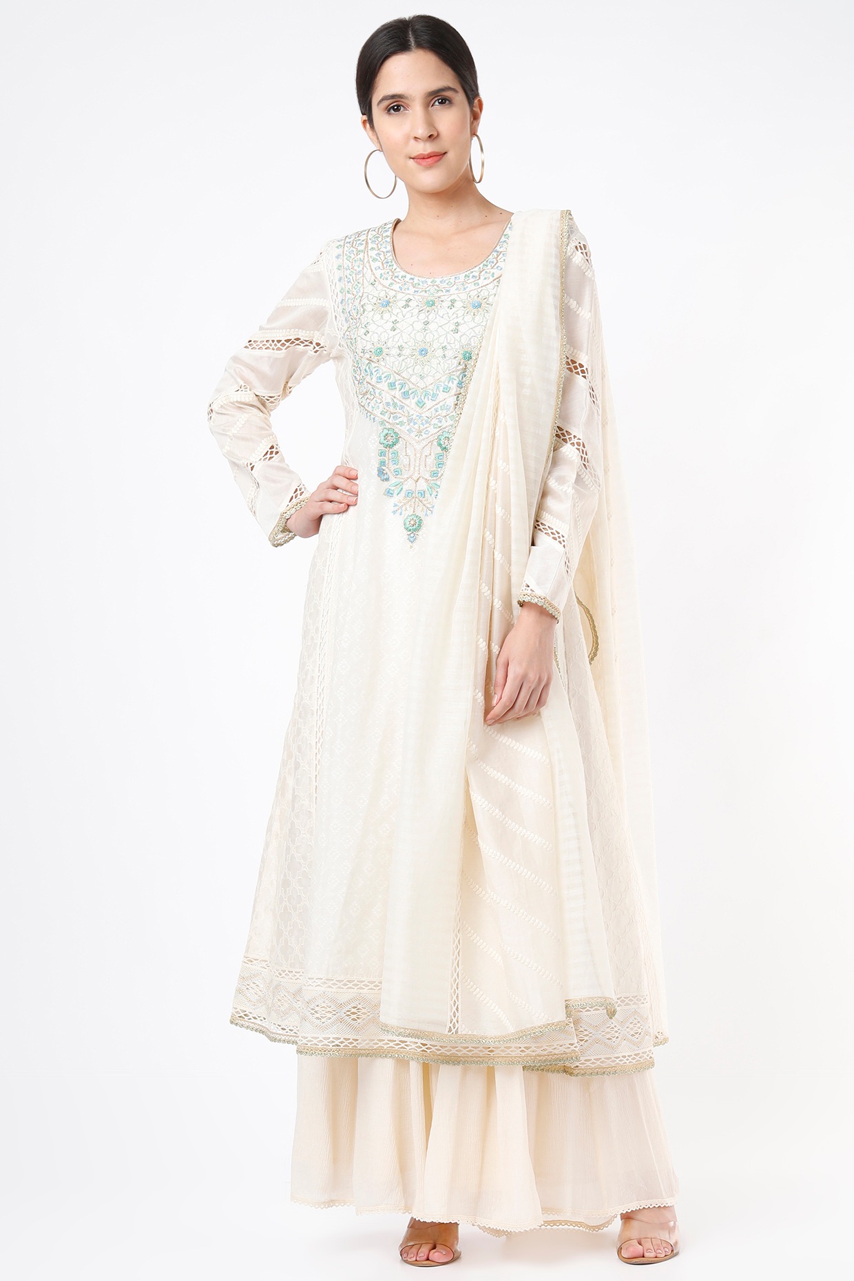 Nadima Saqib Cream Sequins Embroidered Anarkali Set