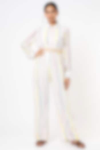 White Printed Jumpsuit With Belt by Nadima Saqib