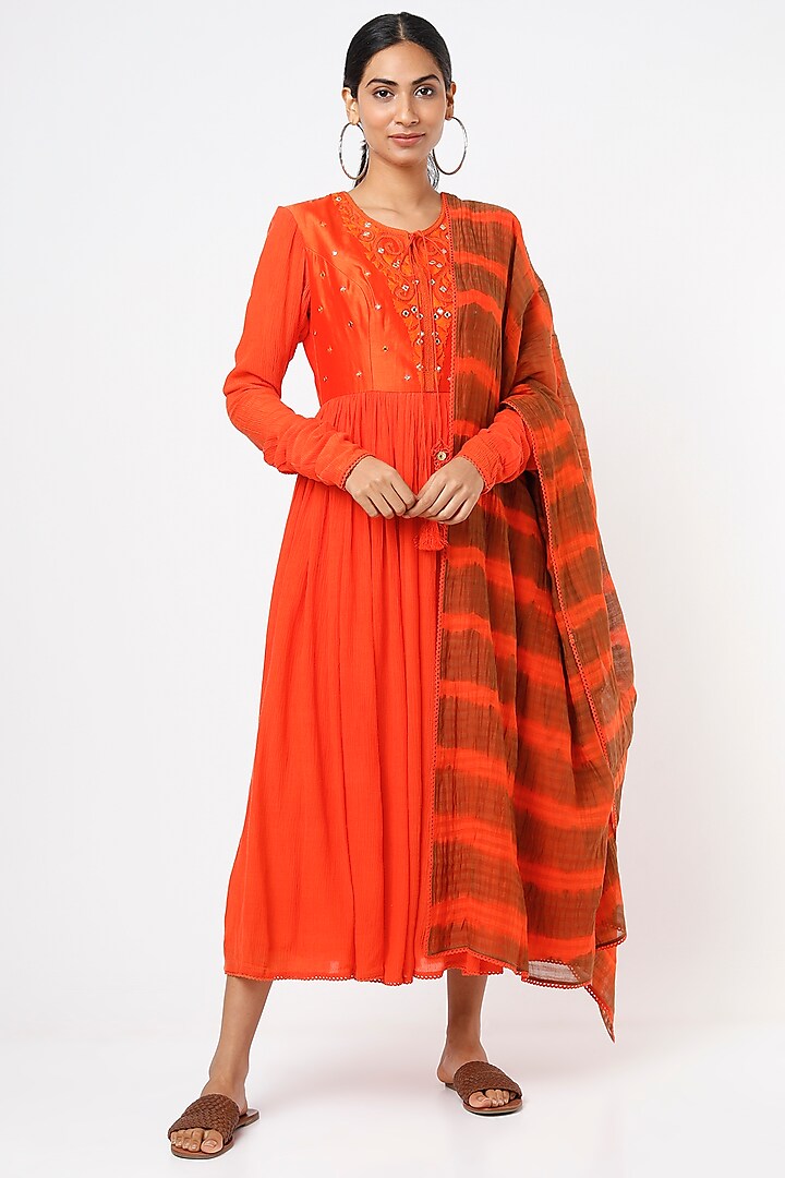 Deep Orange Embroidered Anarkali Set by Nadima Saqib