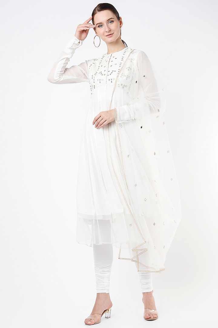 White Embroidered Anarkali Set by Nadima Saqib