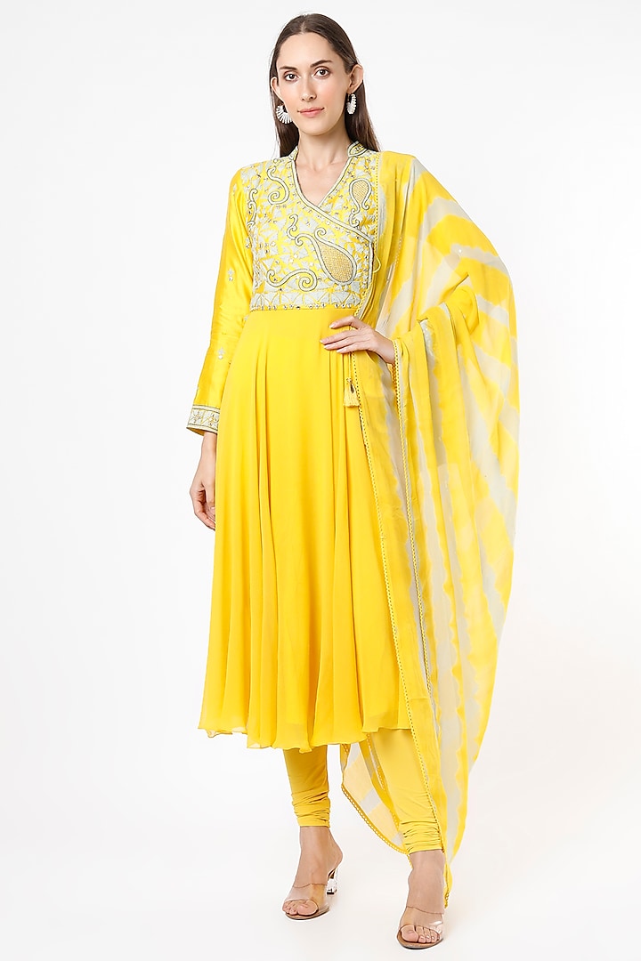 Yellow Embroidered Anarkali Set by Nadima Saqib