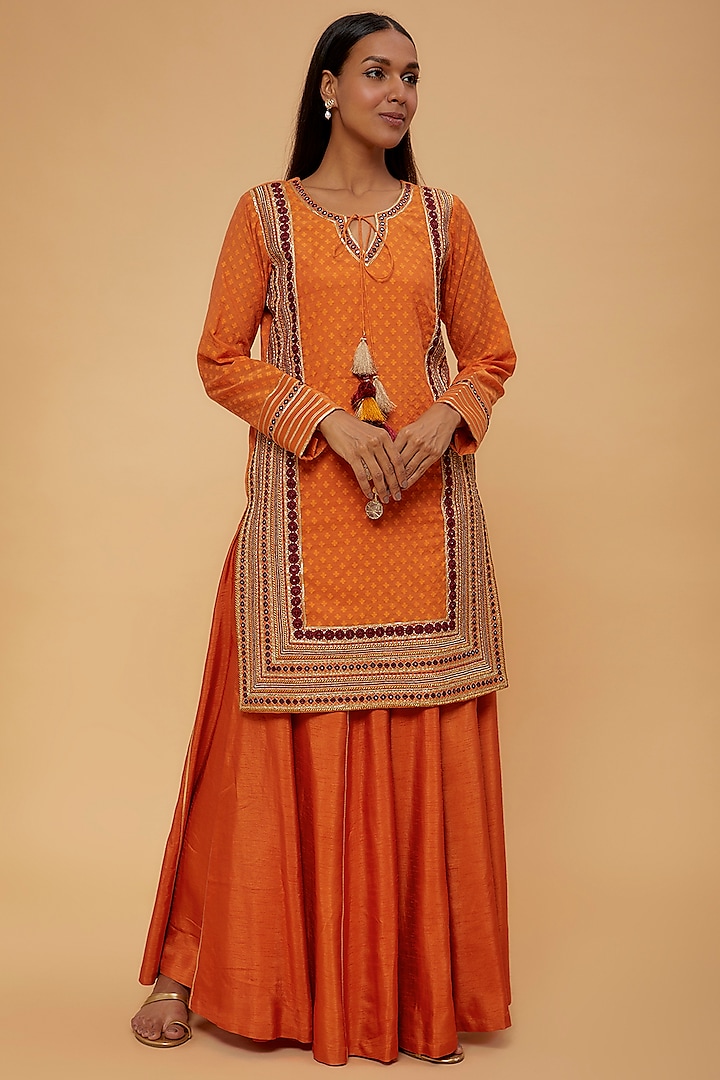 Orange Chanderi Skirt Set by Nadima Saqib