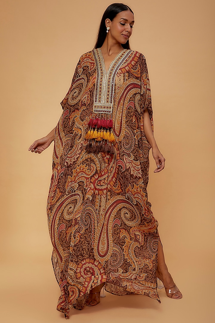 Brown Georgette Printed & Embroidered Kaftan by Nadima Saqib