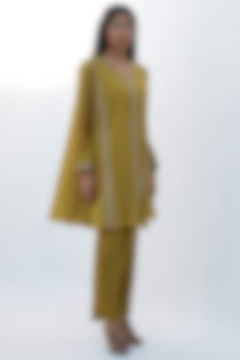 Acid Green Chanderi Jacquard Embroidered Tunic Set by Nadima Saqib at Pernia's Pop Up Shop