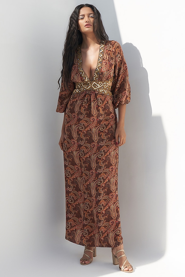 Brown Crepe Paisley Printed Maxi Dress by Nadima Saqib