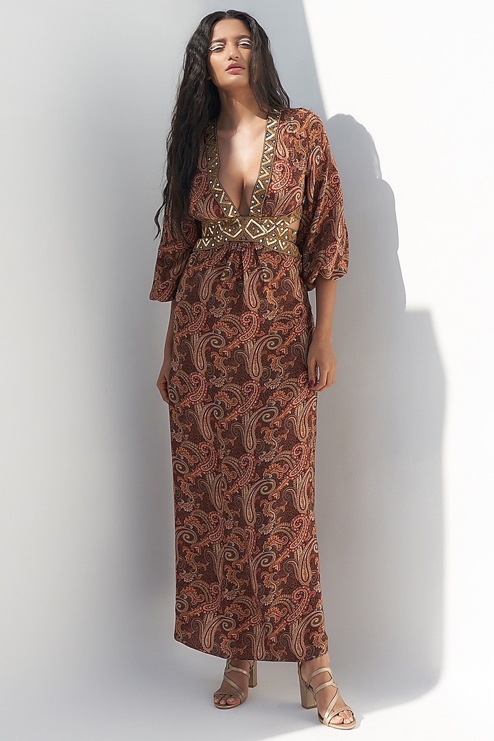 Brown Crepe Paisley Printed Maxi Dress by Nadima Saqib at Pernia's Pop Up Shop