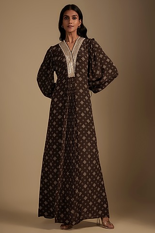 Brown Crepe Printed & Sequins Embroidered Maxi Dress by Nadima Saqib