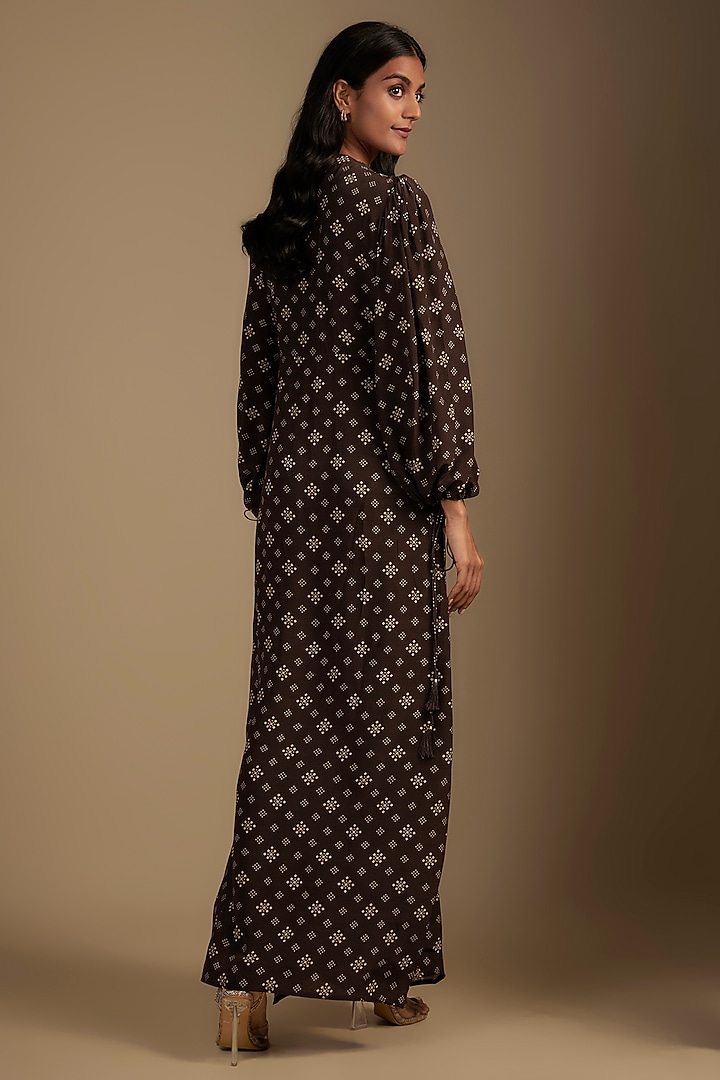 Brown Crepe Printed & Sequins Embroidered Maxi Vacation Dress by Nadima Saqib at Pernia's Pop Up Shop