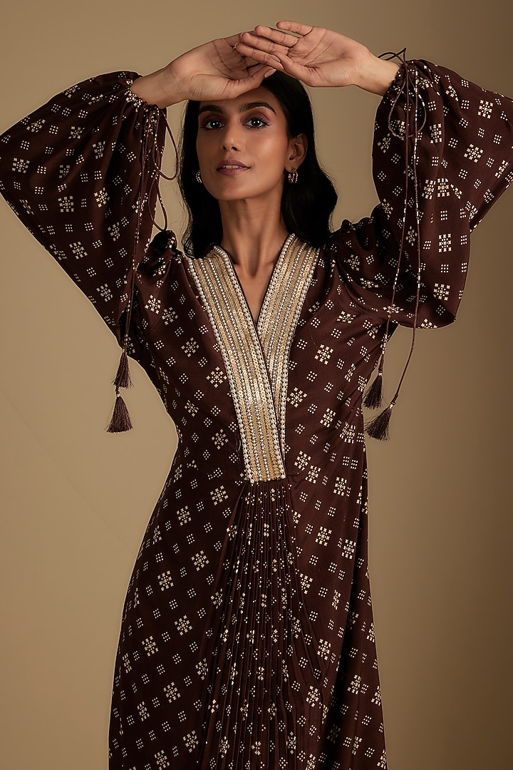 Brown Crepe Printed & Sequins Embroidered Maxi Vacation Dress by Nadima Saqib at Pernia's Pop Up Shop