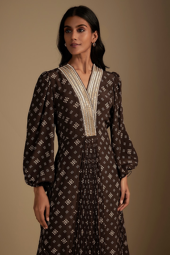 Brown Crepe Printed & Sequins Embroidered Maxi Vacation Dress by Nadima Saqib at Pernia's Pop Up Shop