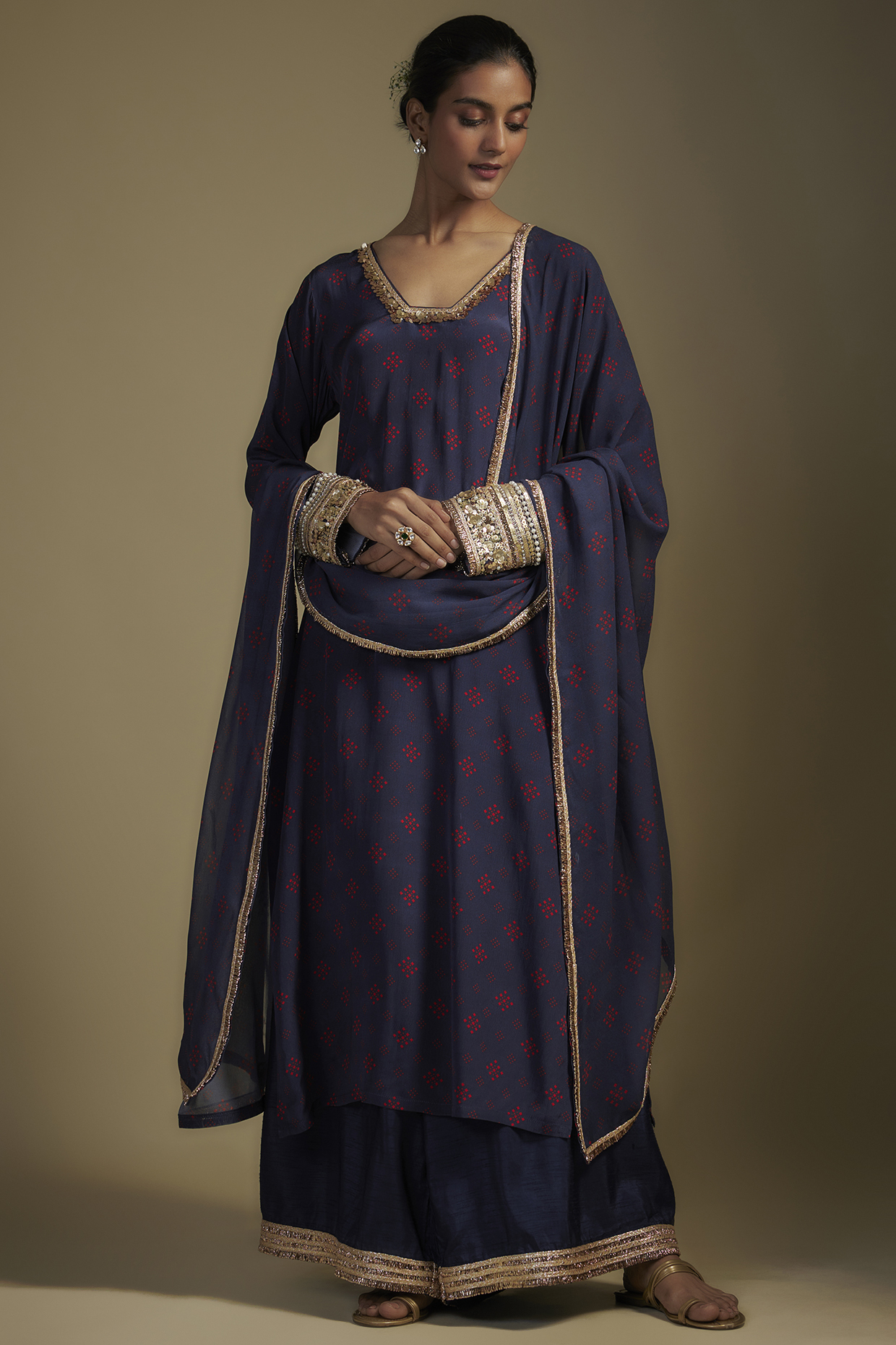Navy Blue Crepe Printed & Sequins Embroidered Kurta Set by Nadima Saqib at Pernia's Pop Up Shop