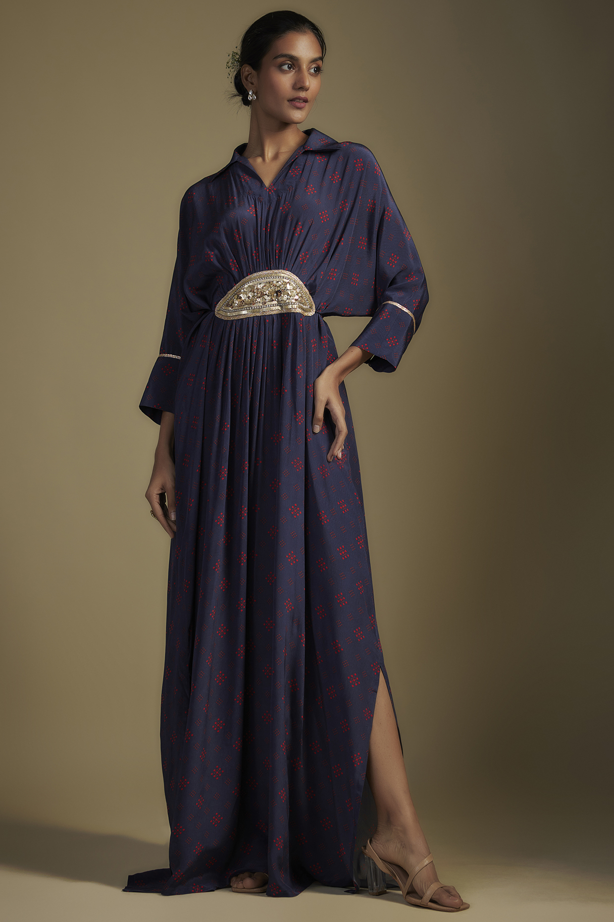 Navy Blue Crepe Printed & Sequins Embroidered Maxi Dress by Nadima Saqib at Pernia's Pop Up Shop