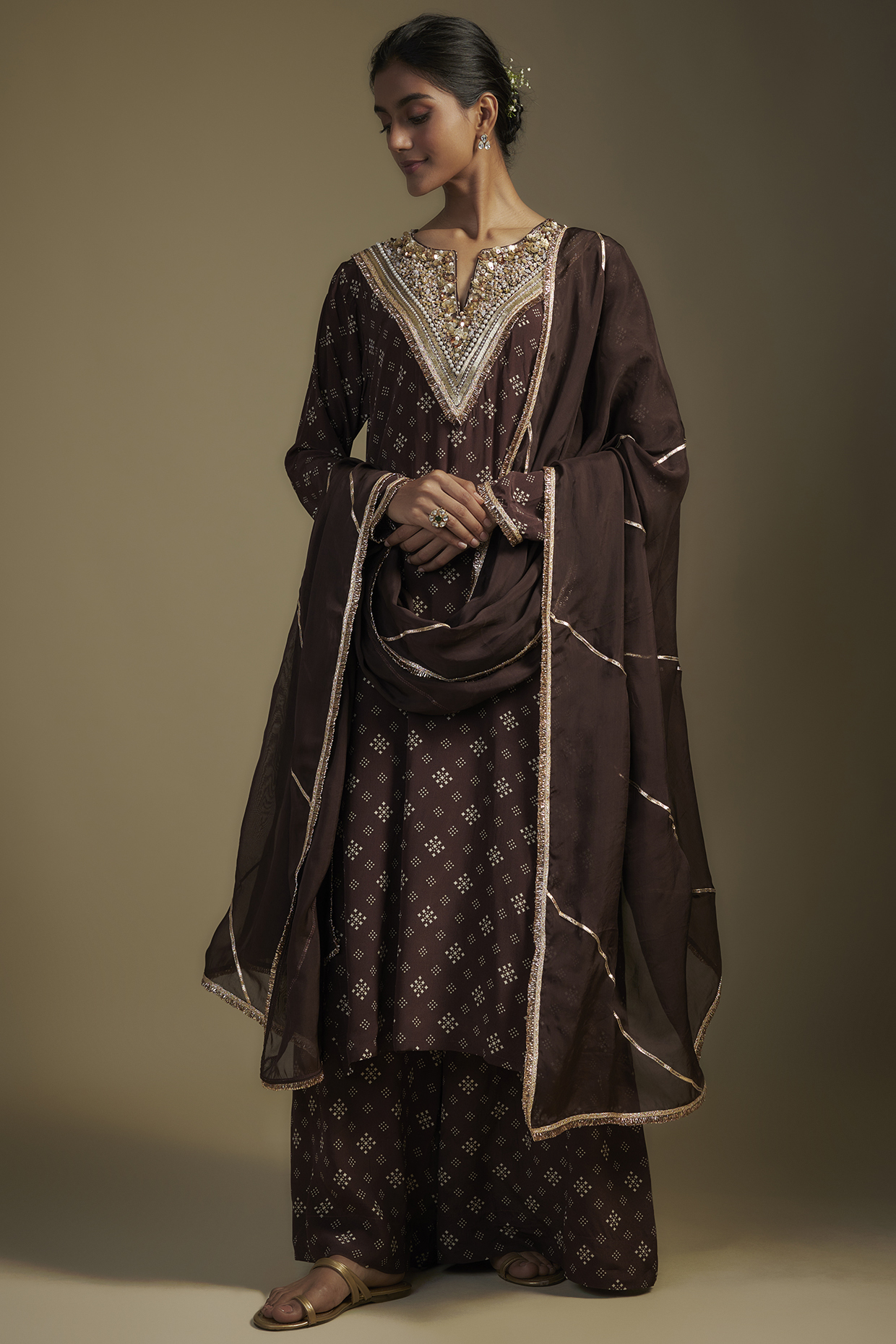 Brown Crepe Printed & Sequins Embroidered Kurta Set by Nadima Saqib at Pernia's Pop Up Shop