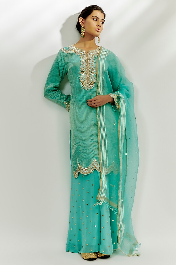 Cyan Blue Chanderi & Silk Zardosi Embroidered Kurta Set by Nadima Saqib at Pernia's Pop Up Shop