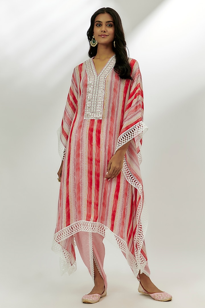 Pastel Pink Cotton Crush Stripe Printed Kaftan Set by Nadima Saqib at Pernia's Pop Up Shop