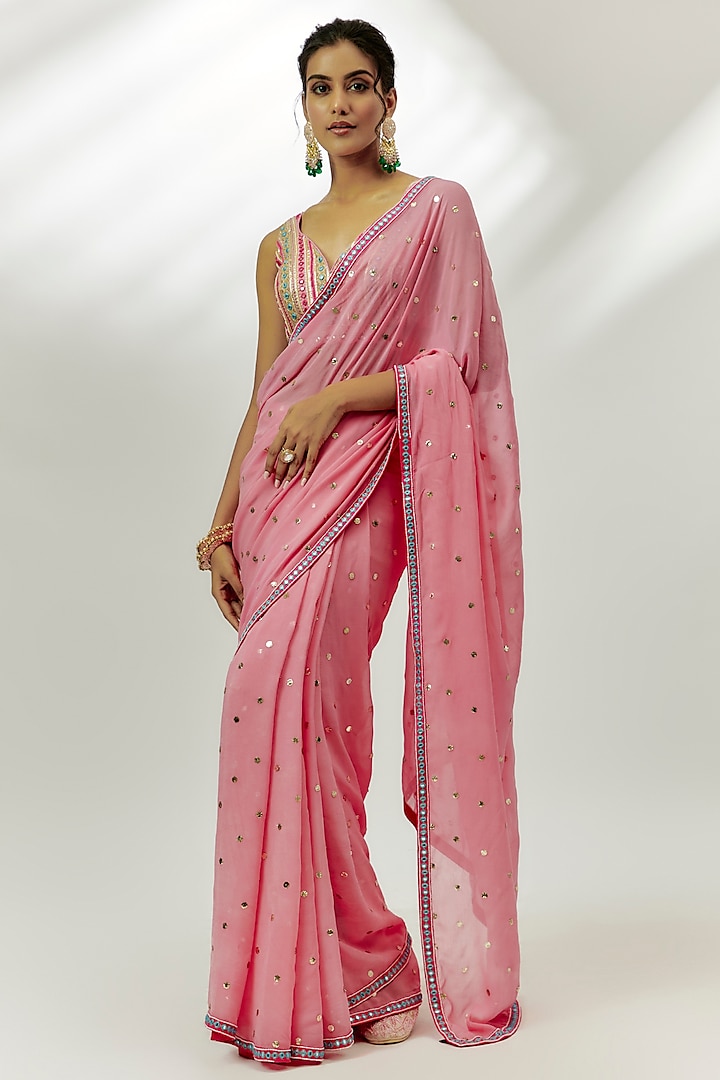 Pastel Pink Georgette Badla Work Saree Set by Nadima Saqib at Pernia's ...