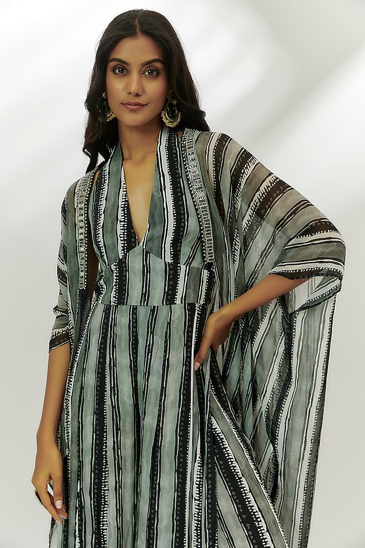 Black Crepe Digital Printed Jumpsuit With Cape by Nadima Saqib at Pernia's Pop Up Shop