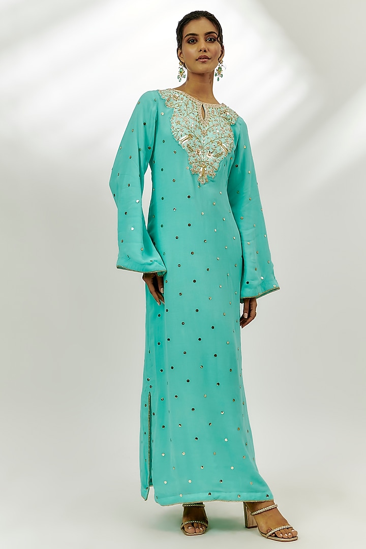 Cyan Blue Georgette Zardosi Embroidered Kaftan by Nadima Saqib at Pernia's Pop Up Shop