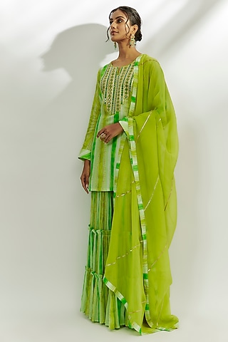 Lime Green Cotton Crush Gharara Set by Nadima Saqib